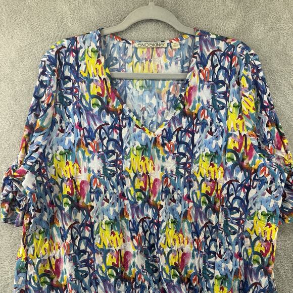 SNOSKINS Top Womens XL Blue Stretch Tie Hem V- Neck Elbow Sleeve Art to Wear - Picture 3 of 13